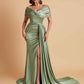 Elegant Soft Satin V-neck Off-the-Shoulder Side-Slit Mermaid Bridesmaid Dresses