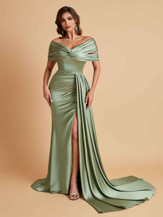 Elegant Soft Satin V-neck Off-the-Shoulder Side-Slit Mermaid Bridesmaid Dresses