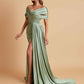 Elegant Soft Satin V-neck Off-the-Shoulder Side-Slit Mermaid Bridesmaid Dresses