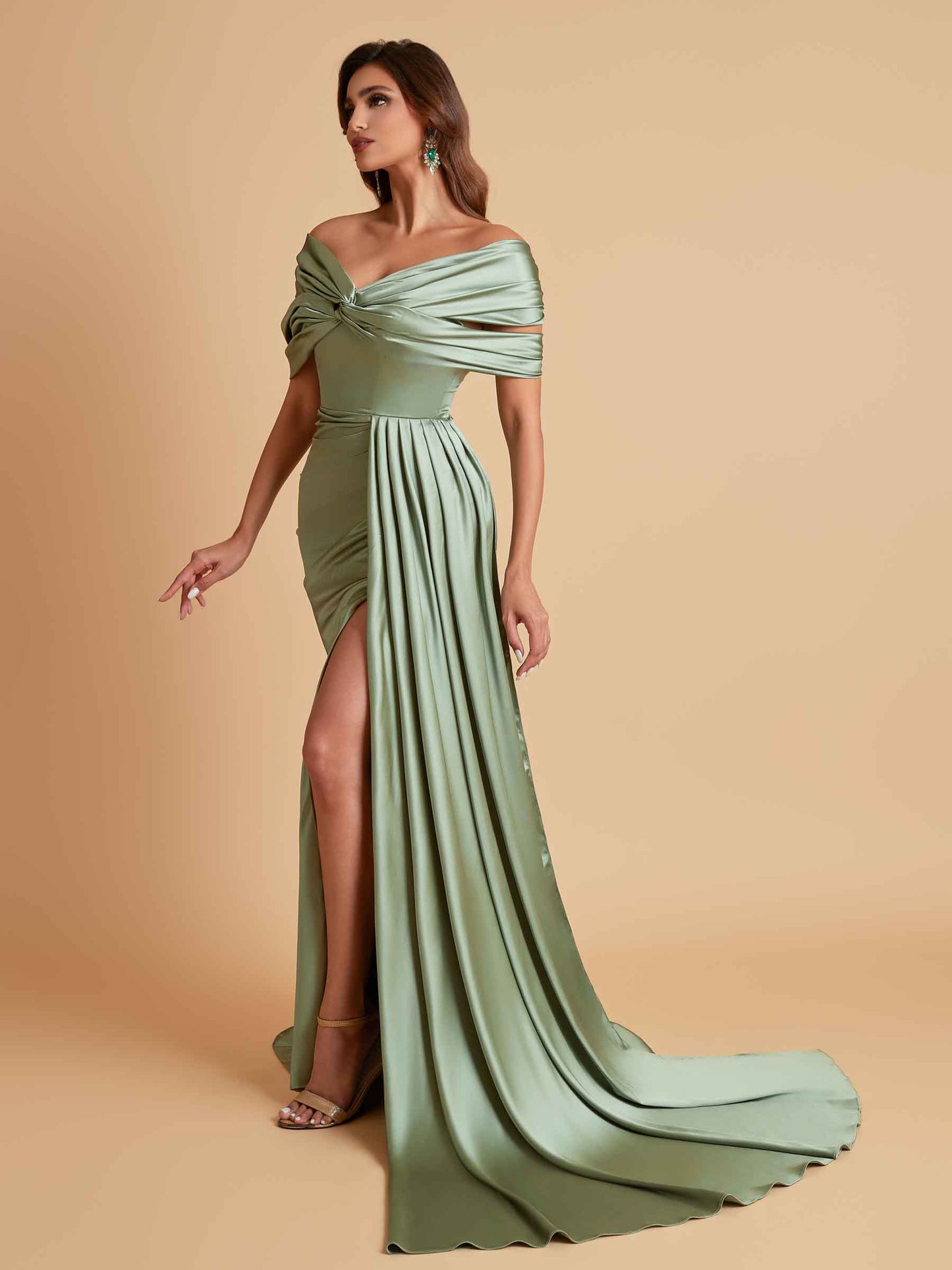 Elegant Soft Satin V-neck Off-the-Shoulder Side-Slit Mermaid Bridesmaid Dresses