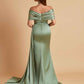 Elegant Soft Satin V-neck Off-the-Shoulder Side-Slit Mermaid Bridesmaid Dresses
