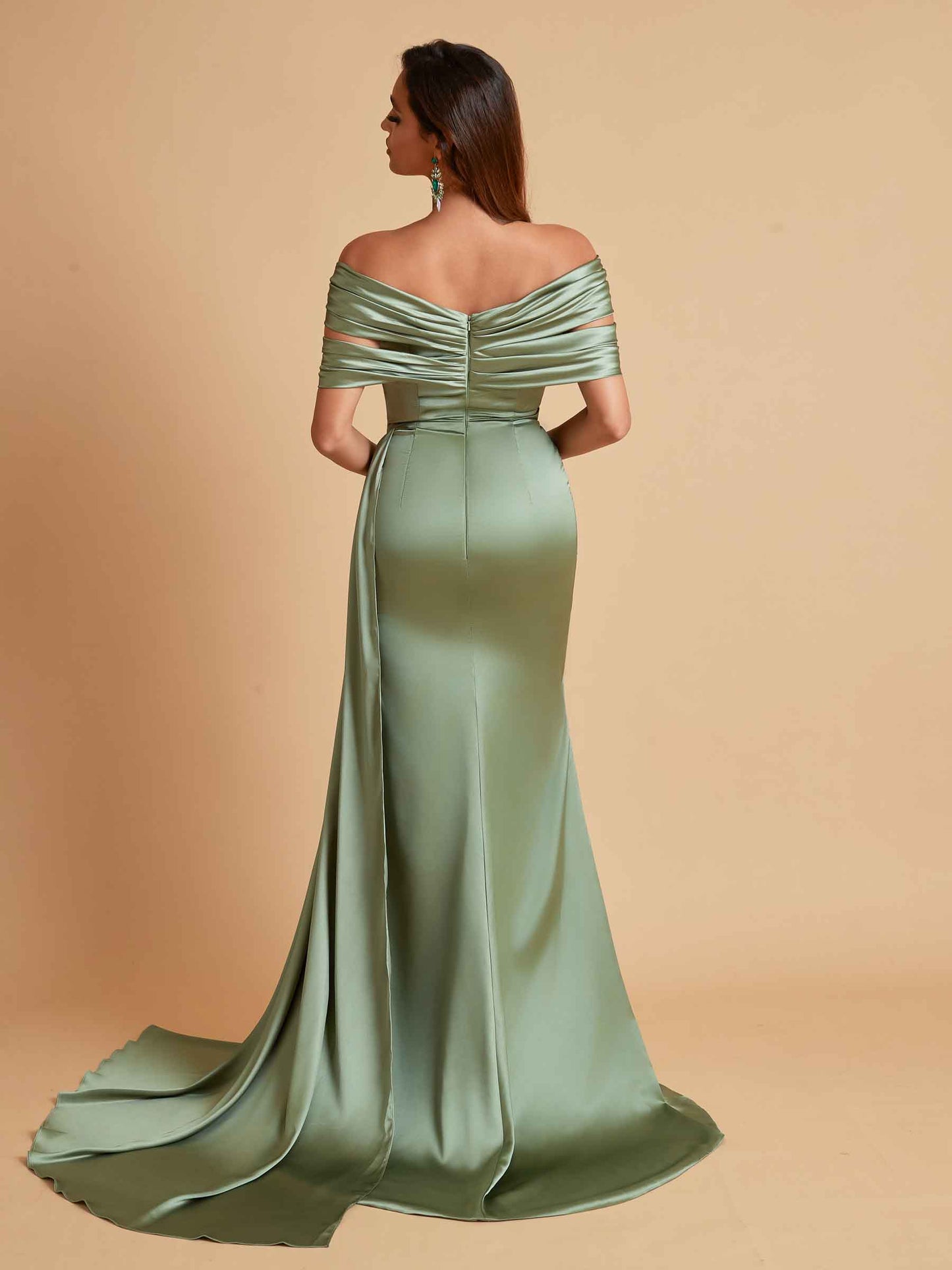 Elegant Soft Satin V-neck Off-the-Shoulder Side-Slit Mermaid Bridesmaid Dresses
