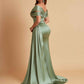 Elegant Soft Satin V-neck Off-the-Shoulder Side-Slit Mermaid Bridesmaid Dresses