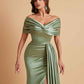 Elegant Soft Satin V-neck Off-the-Shoulder Side-Slit Mermaid Bridesmaid Dresses
