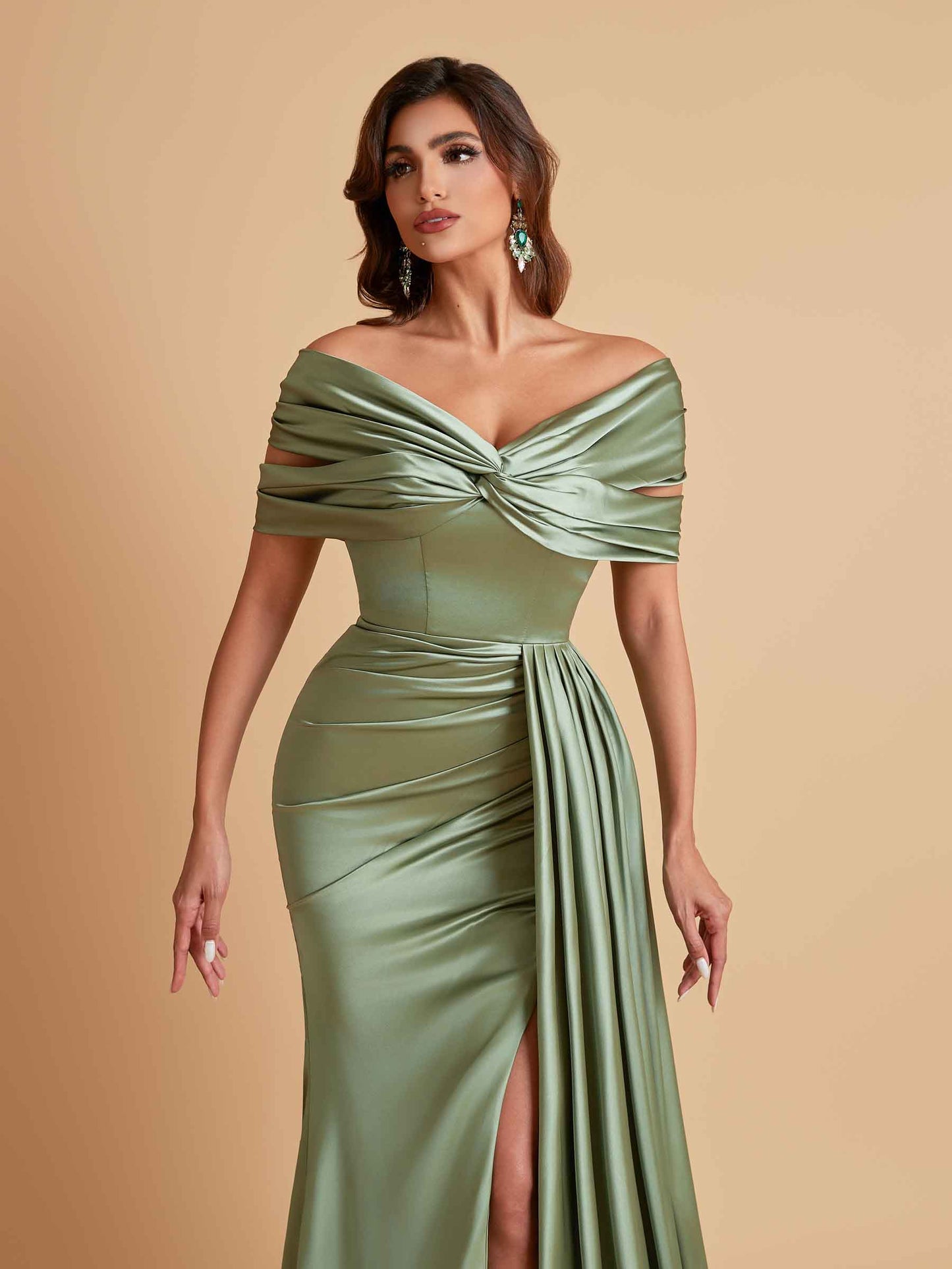 Elegant Soft Satin V-neck Off-the-Shoulder Side-Slit Mermaid Bridesmaid Dresses