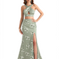 Beautiful Mermaid Halter Two Pieces Floral Satin Maxi Floral Formal Dresses For Women