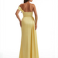 Modern One Shoulder Ruched Mermaid Silky Satin Maxi Formal Dresses Side Slit