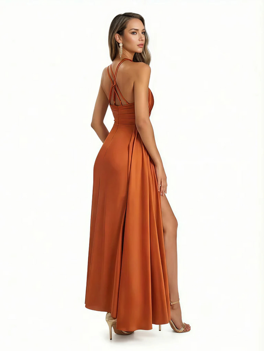 Sexy Halter Silky Satin Side Slit Mermaid Ruched Long Formal Evening Dresses