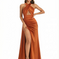 Sexy Halter Silky Satin Side Slit Mermaid Ruched Long Formal Evening Dresses