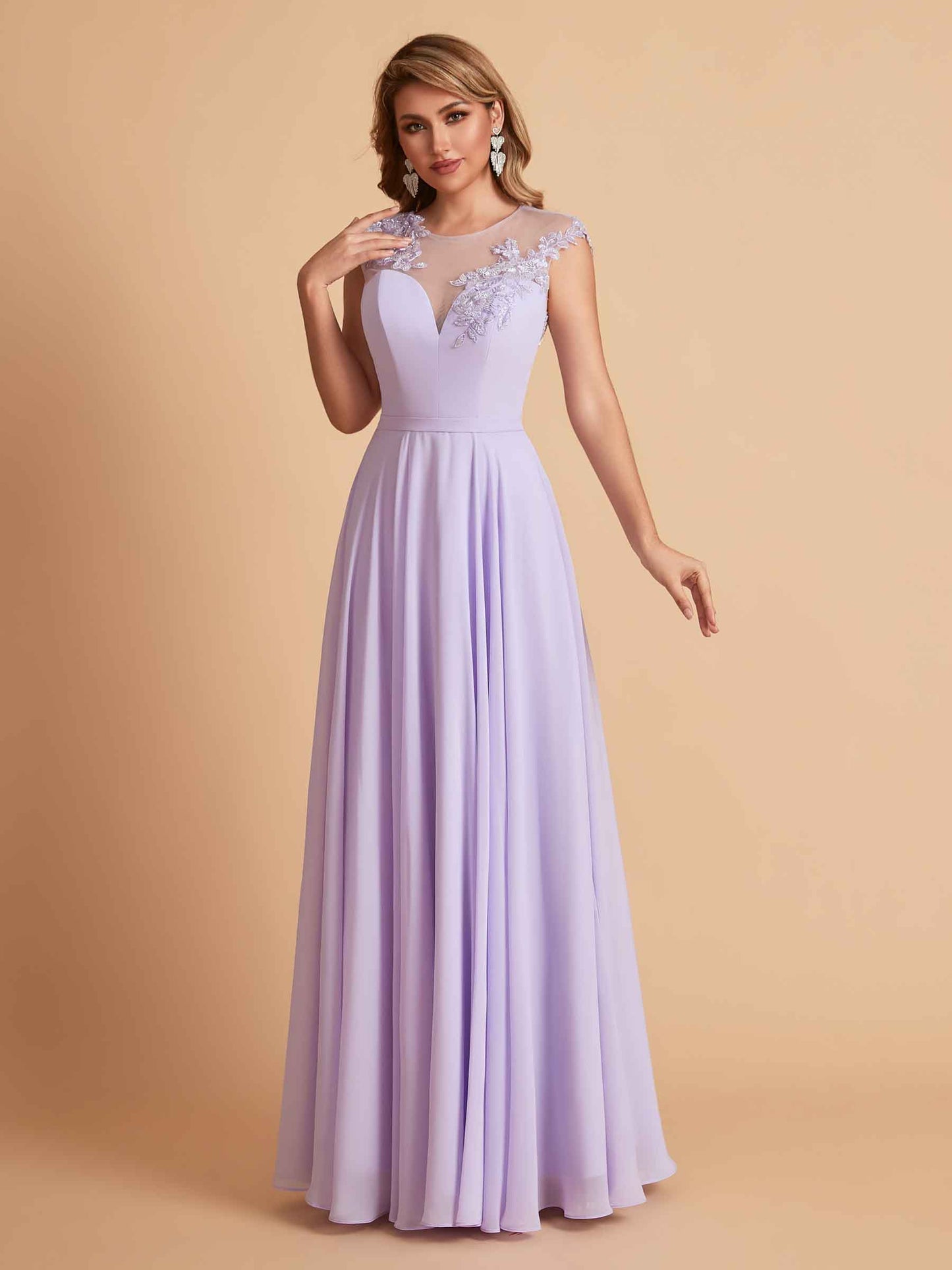 Chiffon Illusion Lace Top A-line Bridesmaid Dresses V-neck Floor Length Wedding Guest Dresses