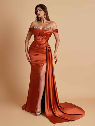 Gorgeous Soft Satin V-neck Off-the-Shoulder Side-Slit Mermaid Bridesmaid Dresses