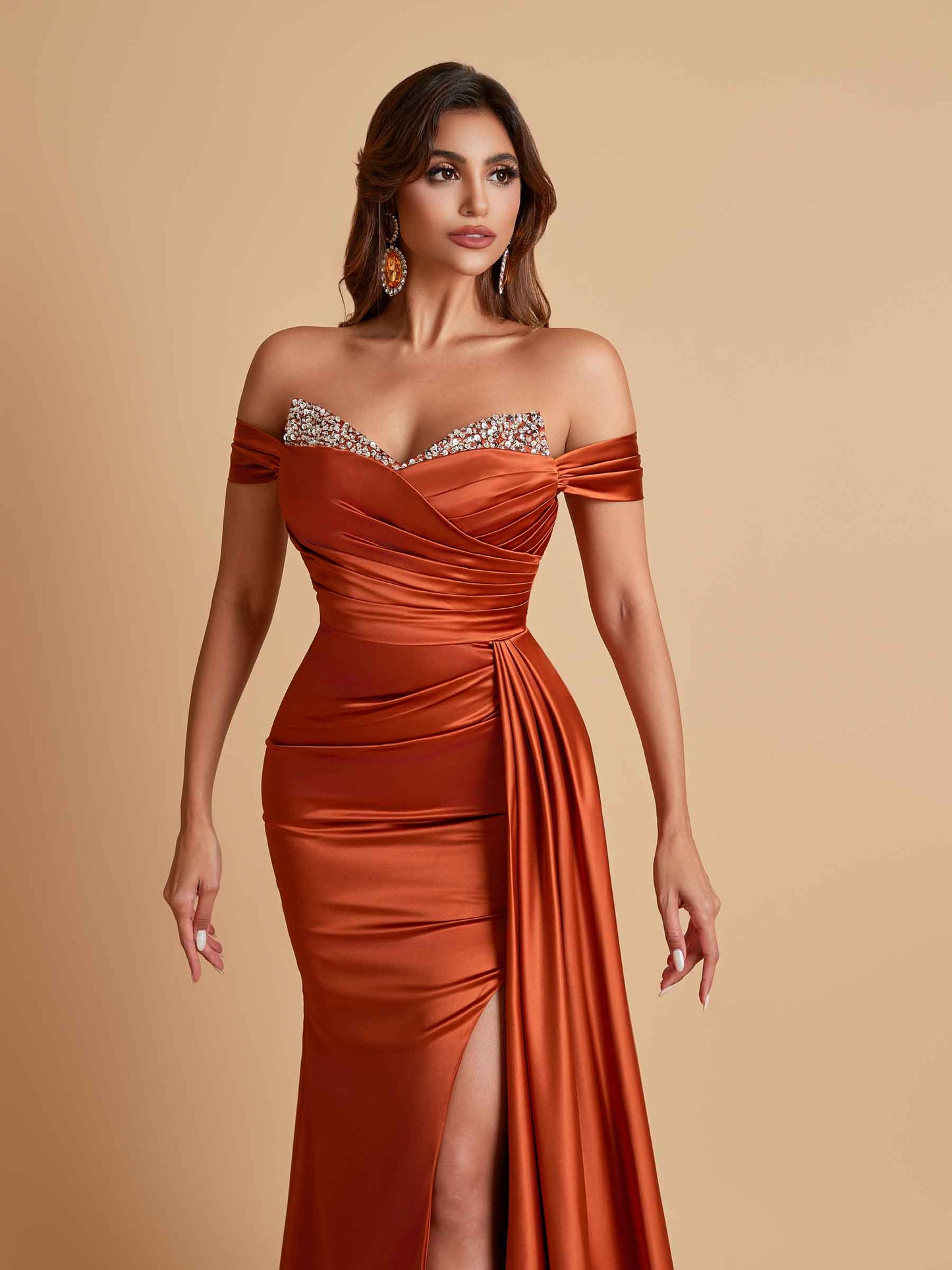 Gorgeous Soft Satin V-neck Off-the-Shoulder Side-Slit Mermaid Bridesmaid Dresses