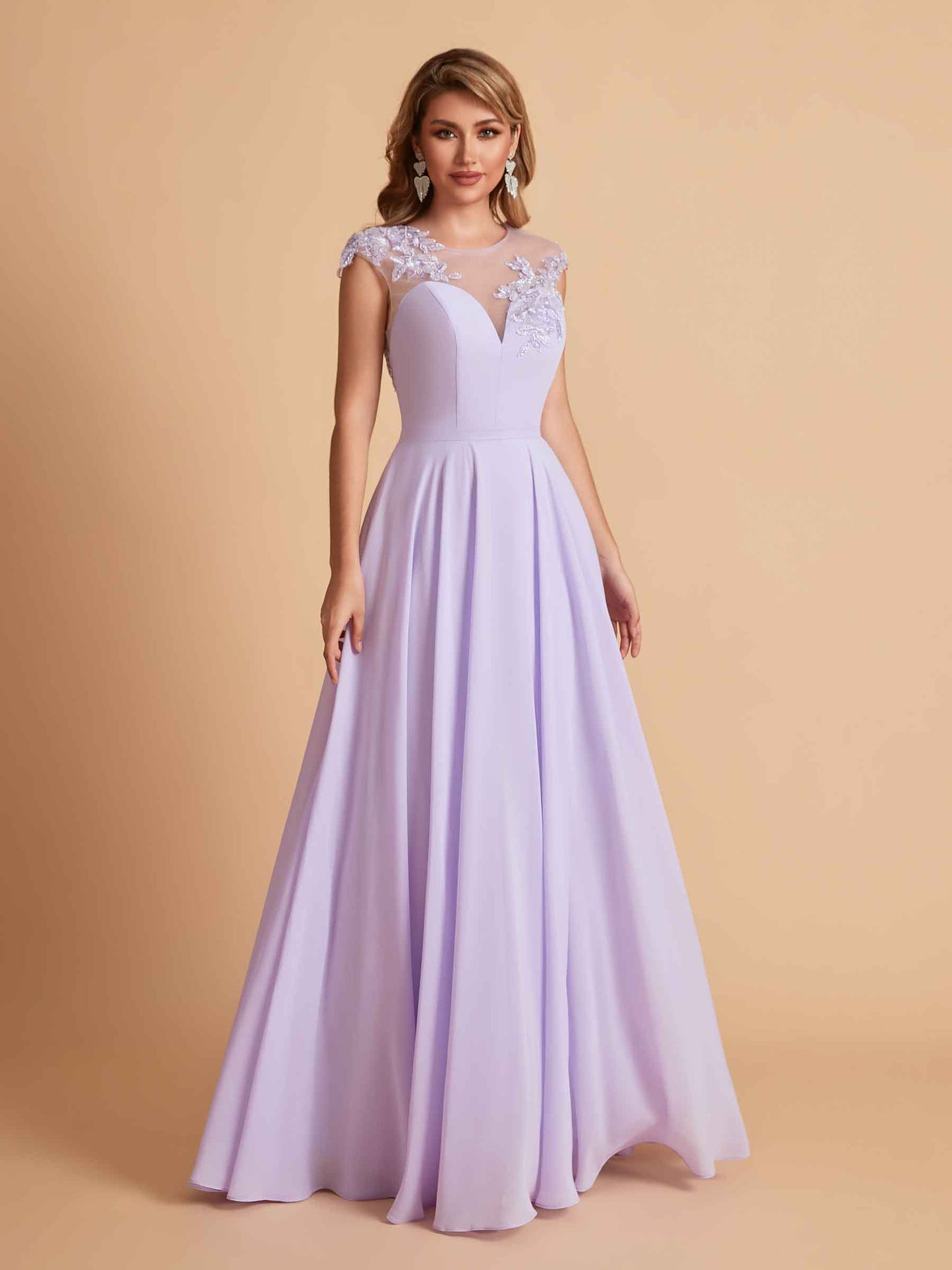 Chiffon Illusion Lace Top A-line Bridesmaid Dresses V-neck Floor Length Wedding Guest Dresses