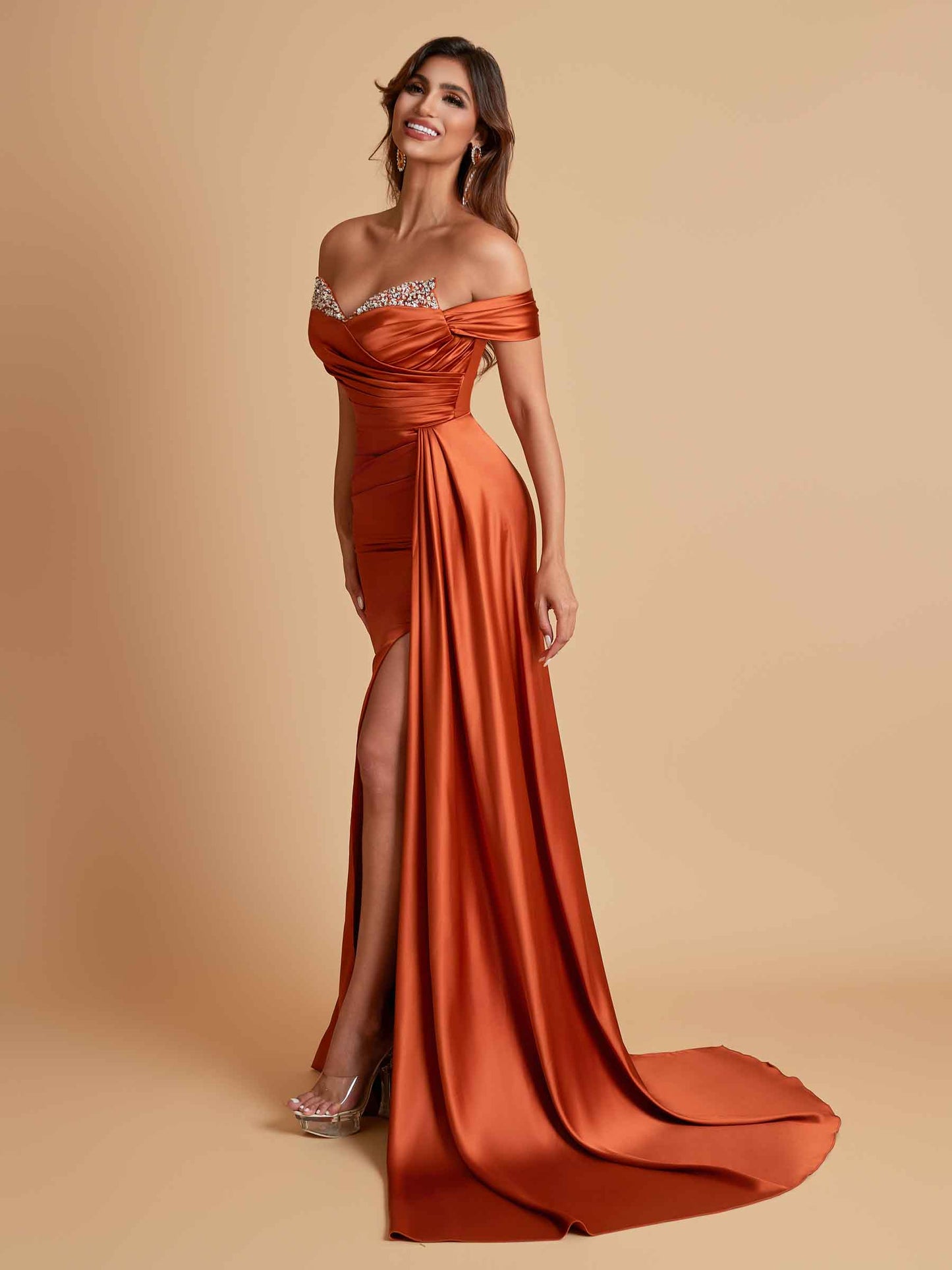 Gorgeous Soft Satin V-neck Off-the-Shoulder Side-Slit Mermaid Bridesmaid Dresses