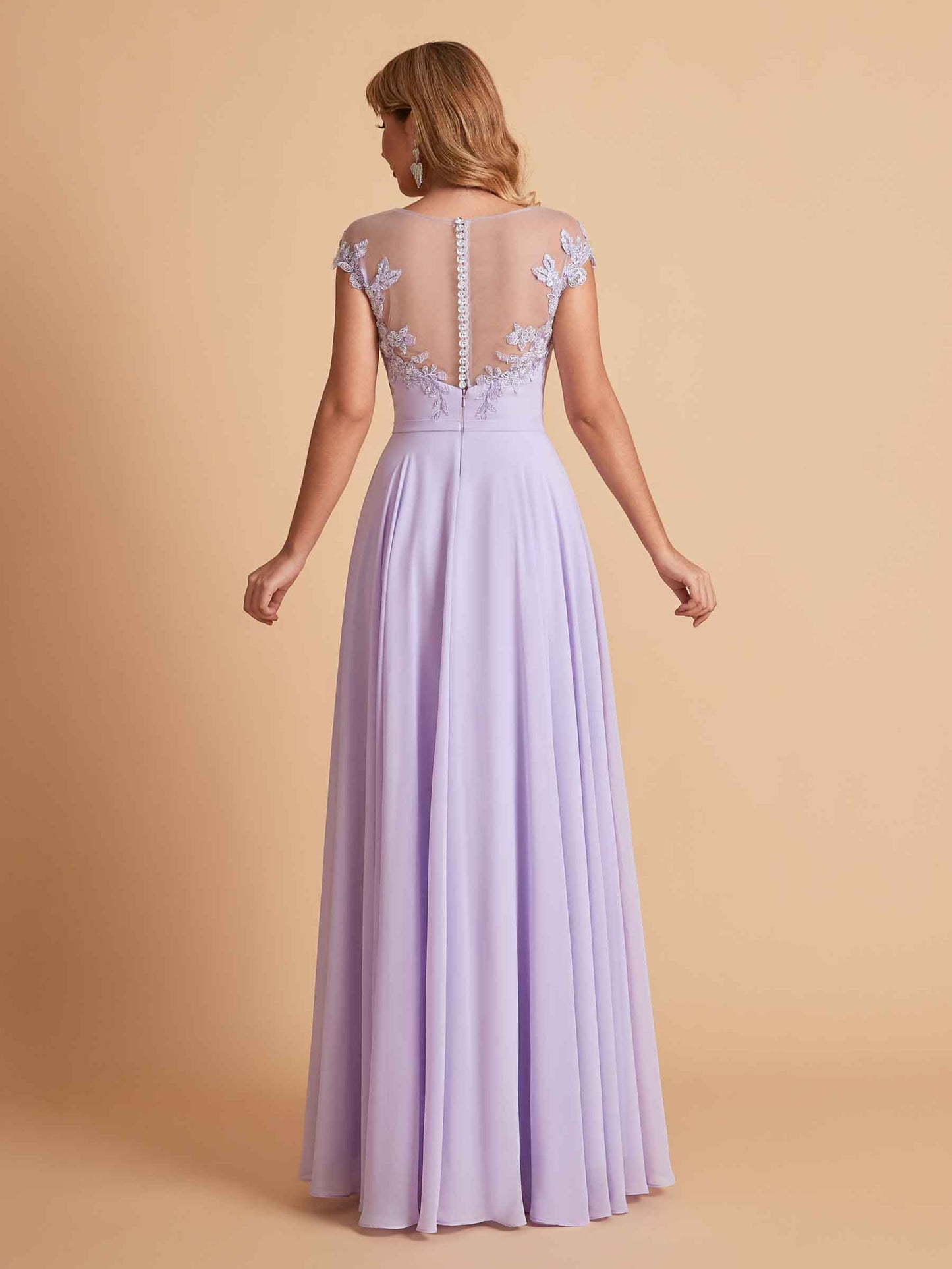 Chiffon Illusion Lace Top A-line Bridesmaid Dresses V-neck Floor Length Wedding Guest Dresses