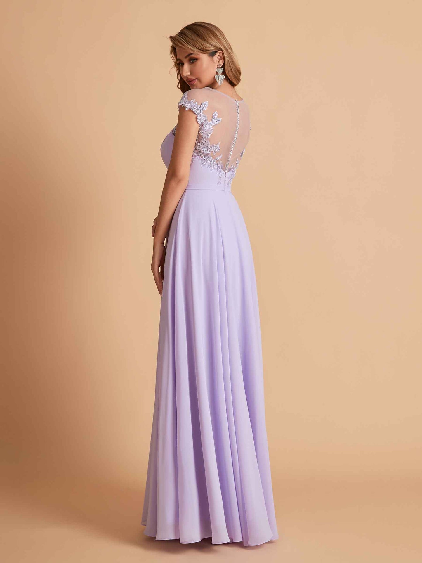 Chiffon Illusion Lace Top A-line Bridesmaid Dresses V-neck Floor Length Wedding Guest Dresses