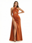 Sexy Halter Silky Satin Side Slit Mermaid Ruched Long Formal Evening Dresses