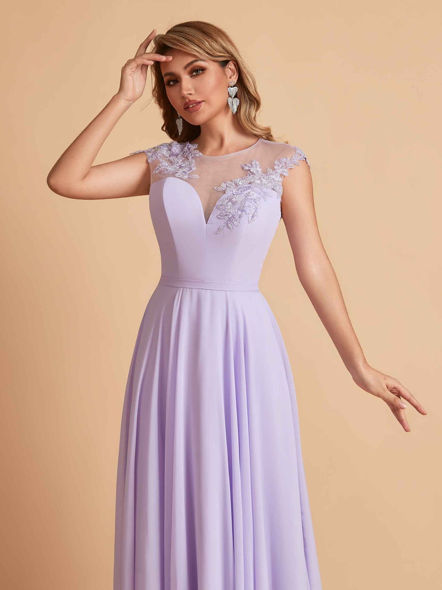 Chiffon Illusion Lace Top A-line Bridesmaid Dresses V-neck Floor Length Wedding Guest Dresses