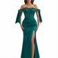 Sexy Off Shoulder Beading Ruched Satin Mermaid Silky Satin Long Formal Dresses Side Slit
