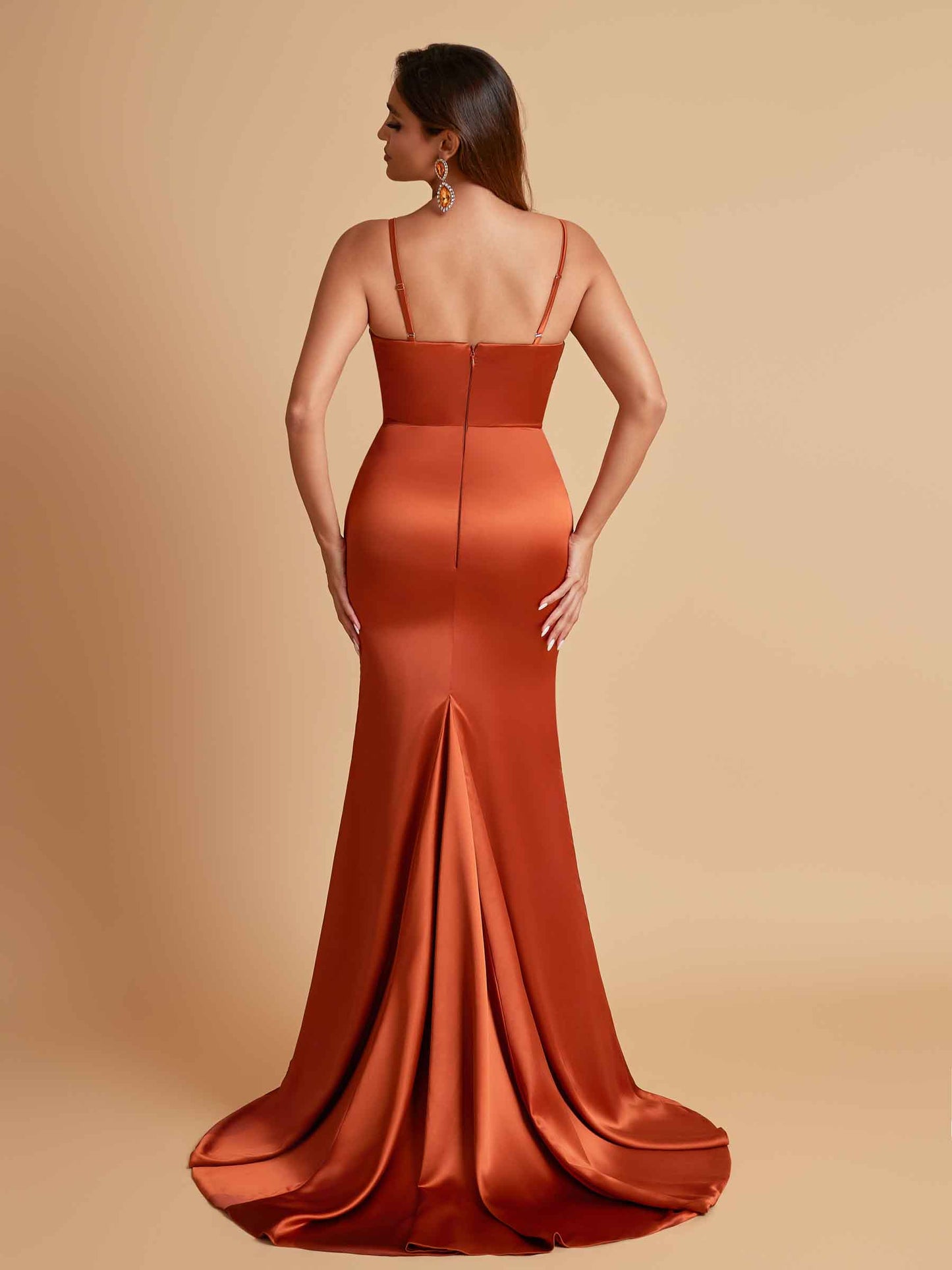 Sexy Soft Satin V-neck Spaghetti Strap Side-Slit Mermaid Bridesmaid Dresses