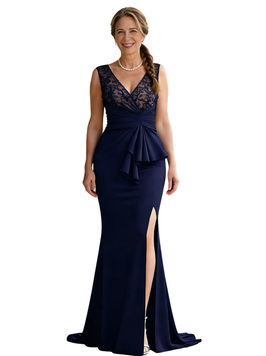 V-Neck Lace Floor Length Mother of The Bride Dresses Long Bridesmaid Dress