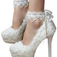 Women's Wedding Shoes Lace Pearls High Heel Decorative Heel Bridal Shoes,H28