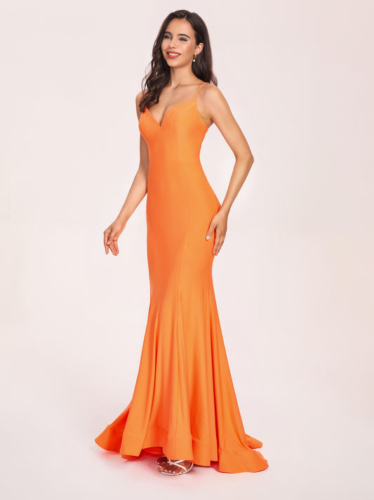 Sexy Jersey Mermaid Bridesmaid Dresses Spaghetti Straps V-neck Floor Length Lace-up Back
