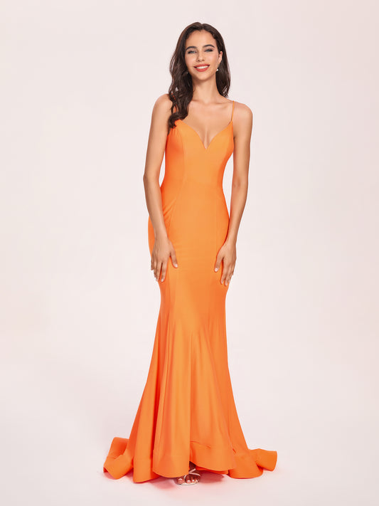 Sexy Jersey Mermaid Bridesmaid Dresses Spaghetti Straps V-neck Floor Length Lace-up Back