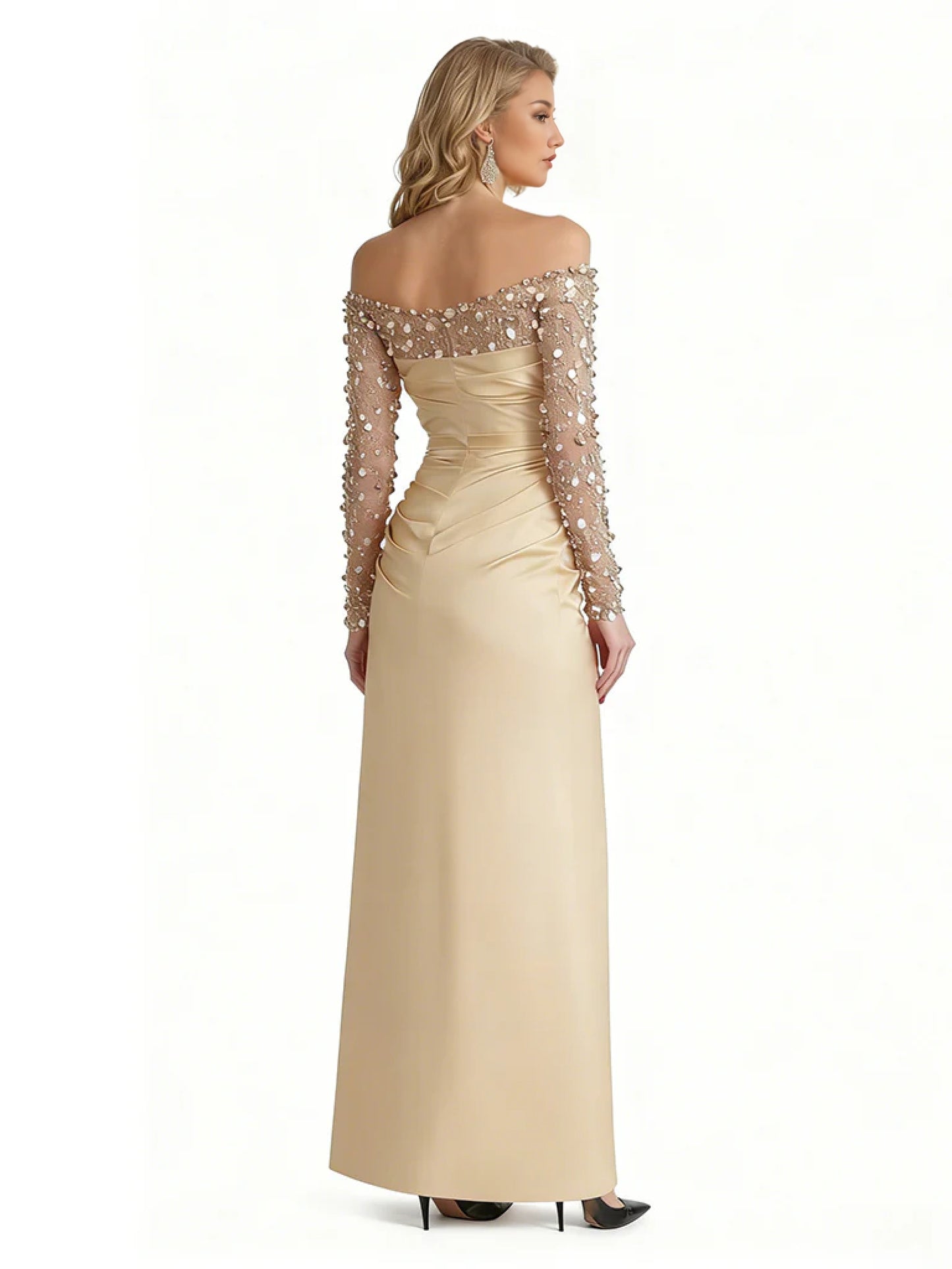 Elegant Long Sleeves Sequins Satin A-Line Long Formal Evening Gowns For Ladies