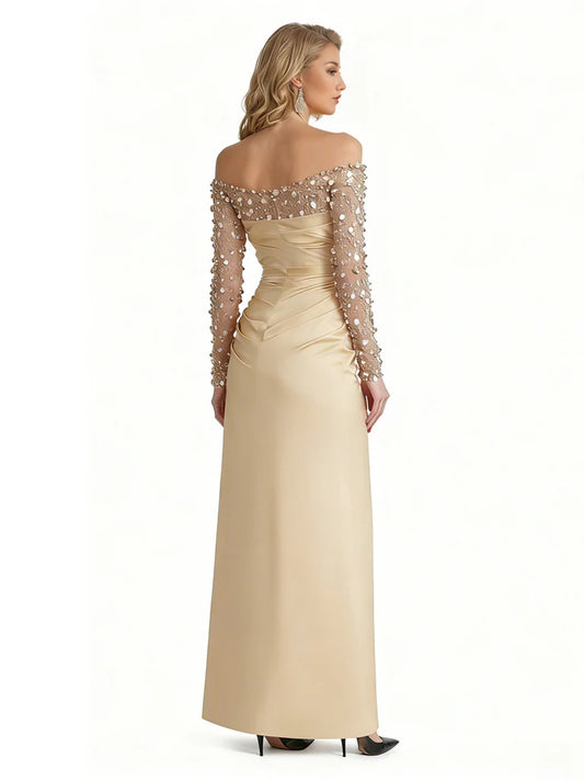 Elegant Long Sleeves Sequins Satin A-Line Long Formal Evening Gowns For Ladies