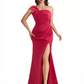 Sexy One Shoulder Ruched Satin Mermaid Formal Satin Floor Length Evening Dresses Slit