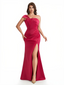 Sexy One Shoulder Ruched Satin Mermaid Formal Satin Floor Length Evening Dresses Slit