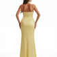 Women Sexy Halter Ruced Mermaid Silky Satin Long Formal Dresses Side Slit