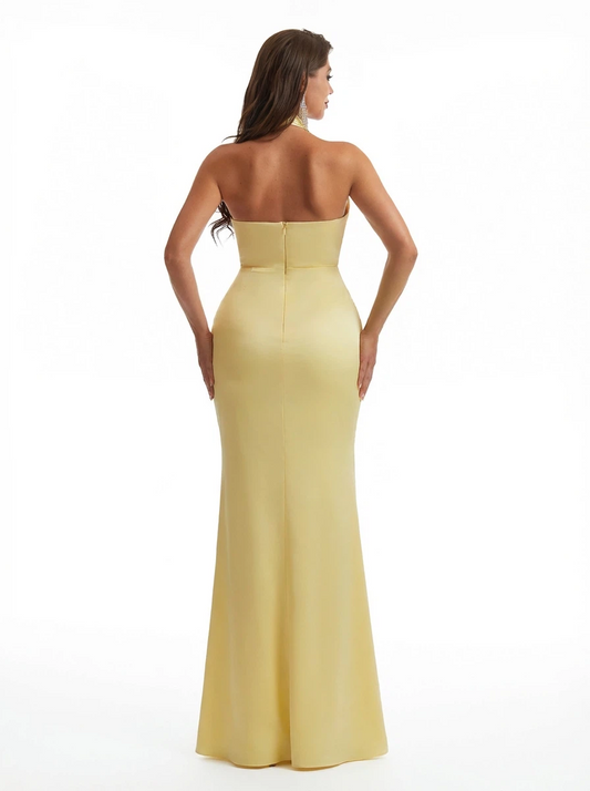 Women Sexy Halter Ruced Mermaid Silky Satin Long Formal Dresses Side Slit