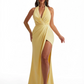 Women Sexy Halter Ruced Mermaid Silky Satin Long Formal Dresses Side Slit