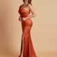 Elegant Soft Satin One Shoulder Strapless Side-Slit Mermaid Bridesmaid Dresses