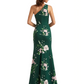 Simple One Shoulder Side Slit Mermaid Floral Satin Maxi Floral Formal Dresses For Women
