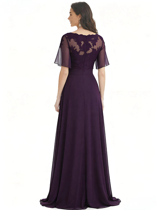 Lace Floor Length Mother of The Bride Dresses Long V-Neck Wedding Mom Dress