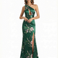 Simple One Shoulder Side Slit Mermaid Floral Satin Maxi Floral Formal Dresses For Women