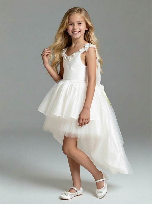 Pearl Trim Tank Style Flower Girl Dress with Tiered Tulle Skirt High Low Hem Design