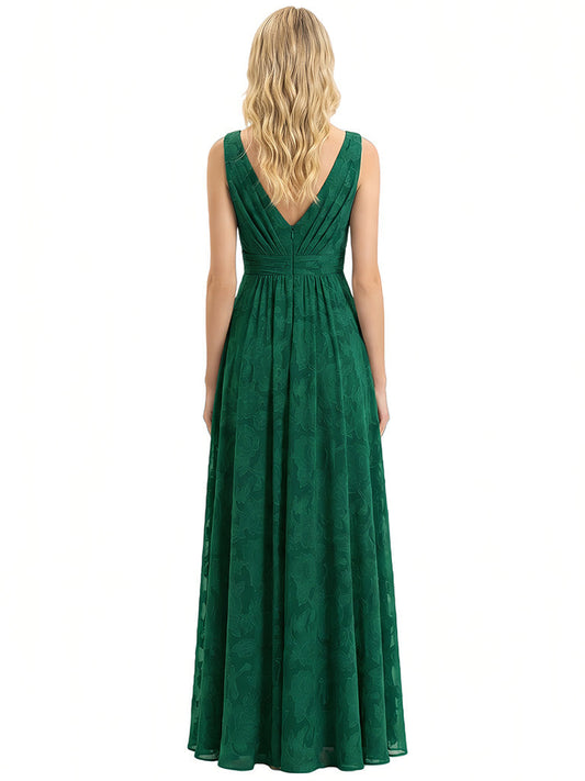 Elegant Spaghetti Straps Sleeveless V-Neck Floral Burnout Chiffon A-Line Formal Evening Dresses