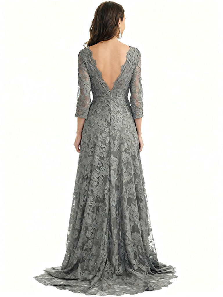 Ho-Low Lace Mother of The Bride Dresses Long V-Neck Formal Evening Dresses Women