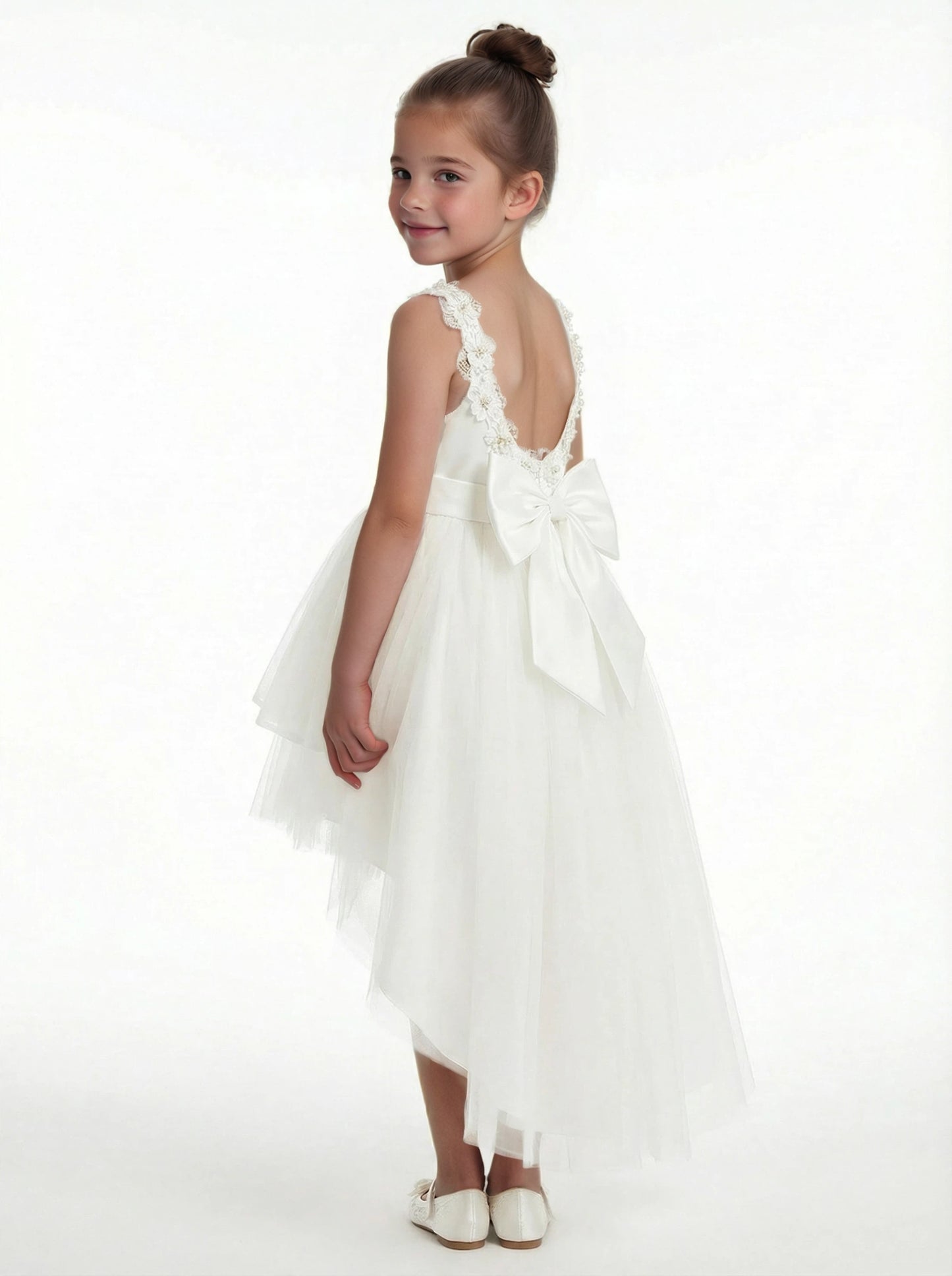 Pearl Trim Tank Style Flower Girl Dress with Tiered Tulle Skirt High Low Hem Design