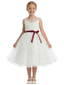 Classic Floral Lace Flower Girl Dress with Soft Tulle Skirt and Burgundy Waist Bow