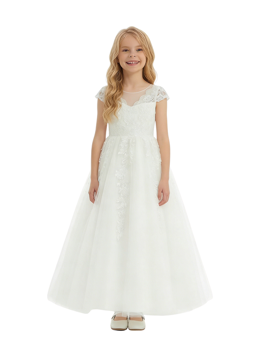 Dreamy White Tulle & Lace Flower Girl Dress  Flowers Pageant Dress Evening Gowns