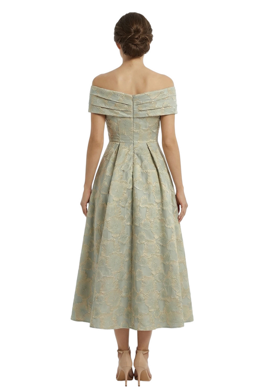 Kiarelys Elegant Floral Jacquard Off Shoulder Ruched A-Line Long Formal Evening Dresses