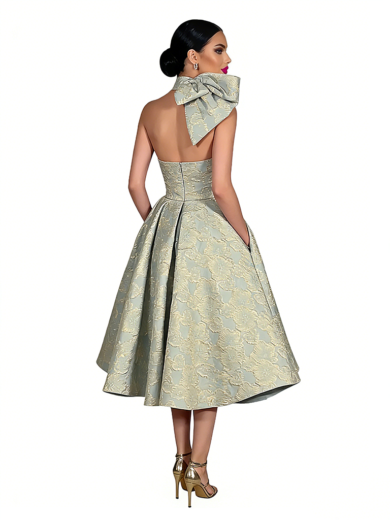 Kiarelys Elegant Floral Jacquard Halter A-Line Knee-Length Formal Evening Dresses
