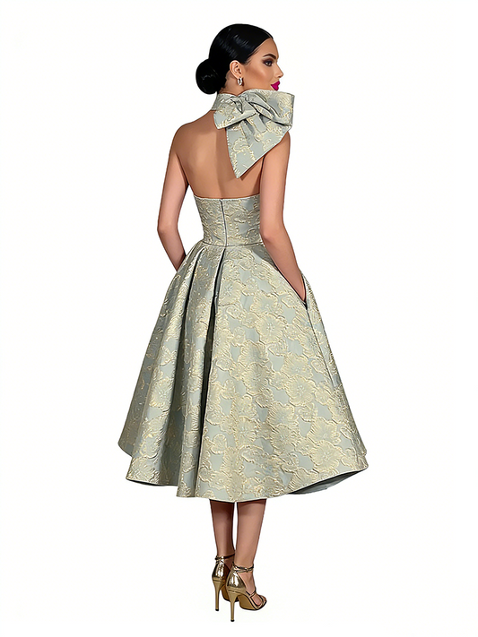 Kiarelys Elegant Floral Jacquard Halter A-Line Knee-Length Formal Evening Dresses