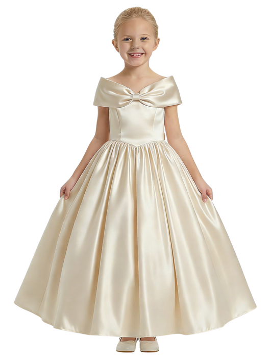 Elegant Flower Girl Dress Off-the-Shoulder Short Sleeve A-Line Floor-Length Satin Gown with Bow Accent