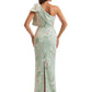 Elegant One Shoulder Mermaid Long Satin Floral Formal Dresses For Women With Back Slit